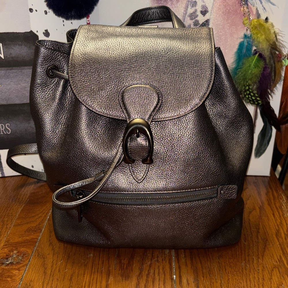 Coach Evie Backpack in Metallic Graphite Polished Pebble Leather